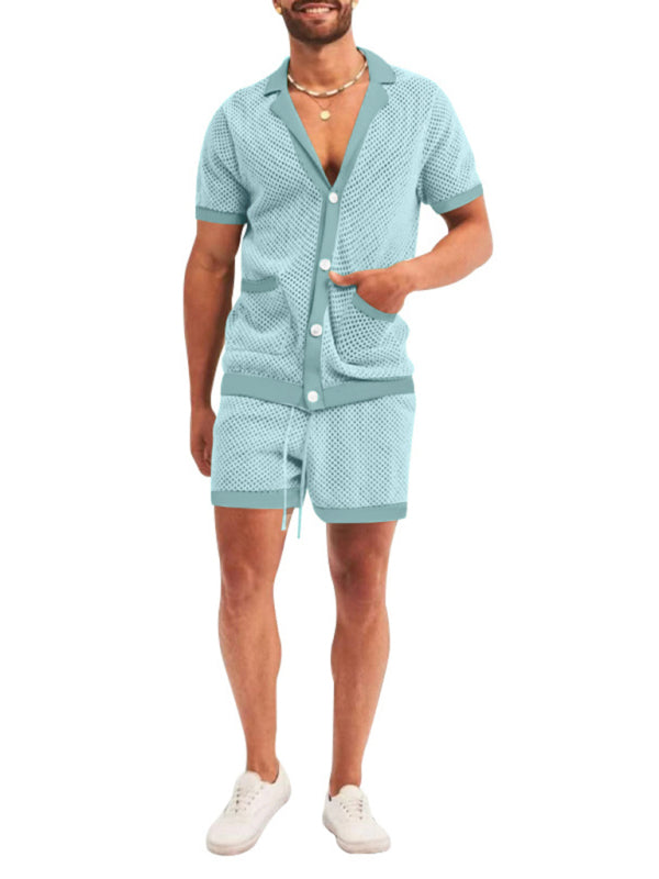 Short-sleeved shorts Knit lapel cardigan Short-sleeved men's suit