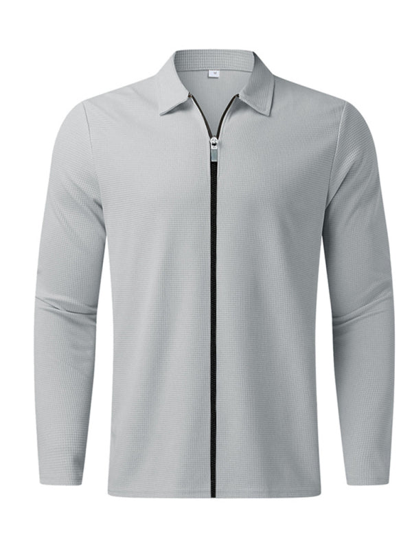 New Men's Waffle Zip Lapel Jacket Jacket Cardigan Tops – closeup view