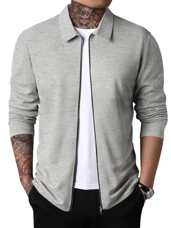 New Men's Waffle Zip Lapel Jacket Jacket Cardigan Tops – detail view
