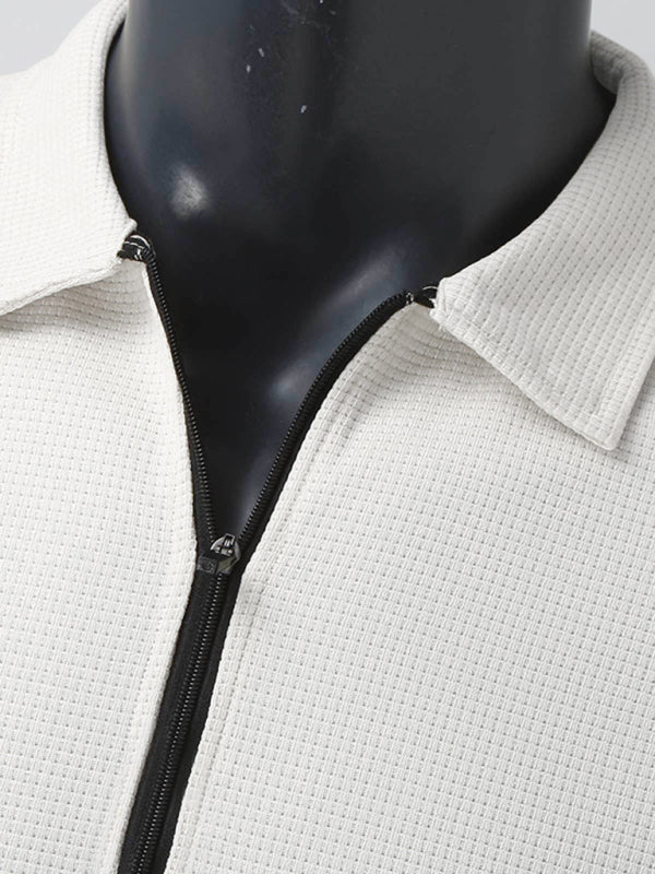 Men's white waffle zip cardigan – detail of zip and lapel collar