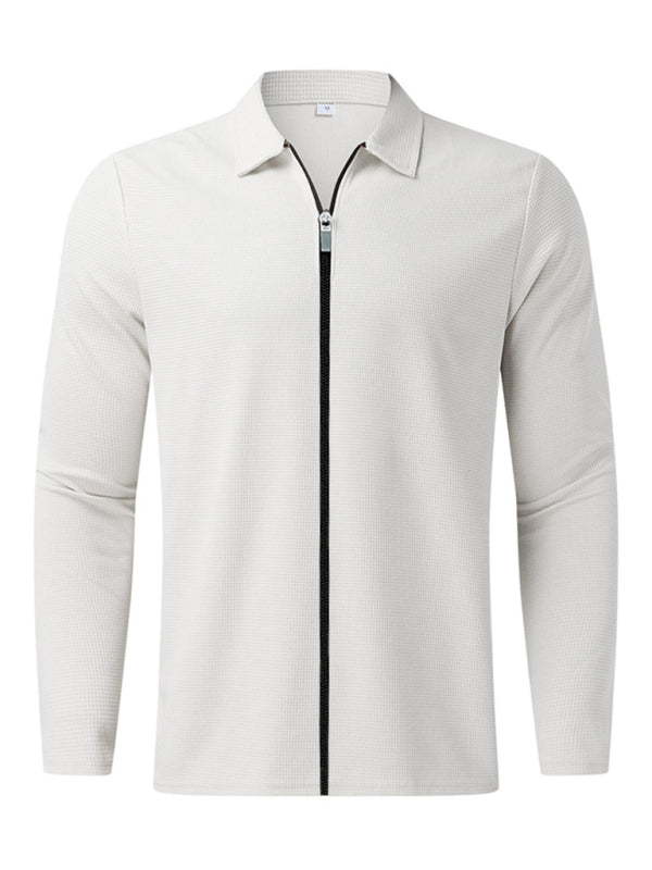 Men's white waffle zip cardigan – front view with styling