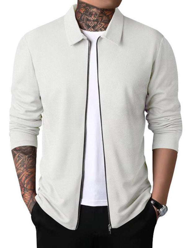 Men's white waffle zip cardigan – front view