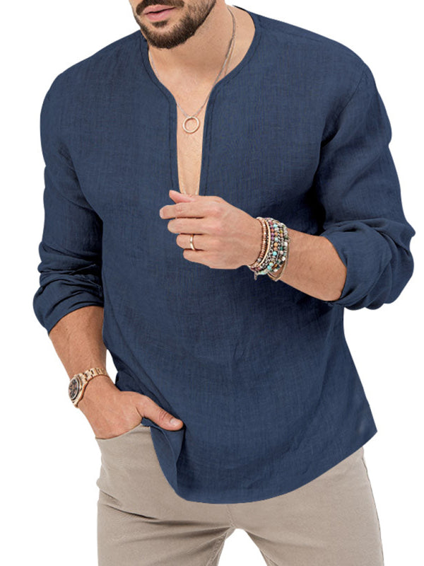T-shirt à manches longues Henry pour homme, coupe ajustée, couleur unie, grande taille, col en V profond 