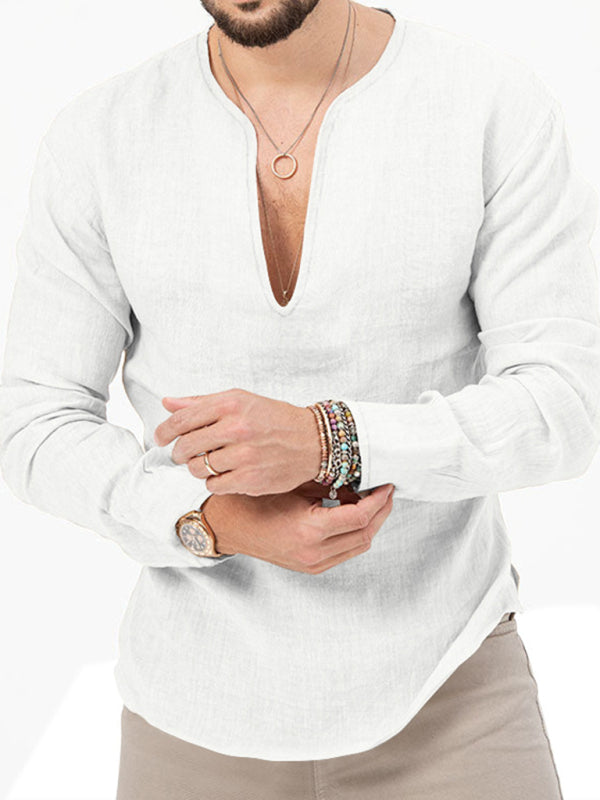 T-shirt à manches longues Henry pour homme, coupe ajustée, couleur unie, grande taille, col en V profond 