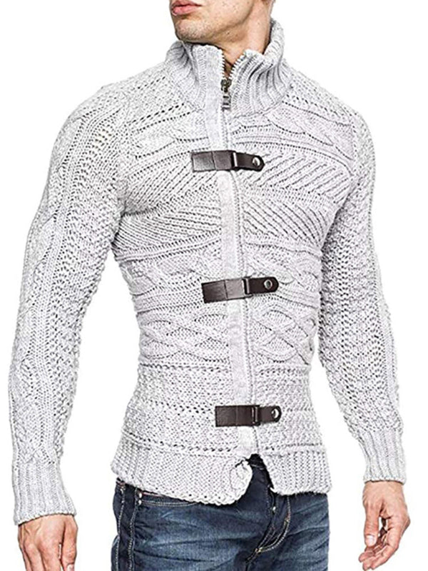 Men's Leather Button Long Sleeve Knitted Cardigan Jacket