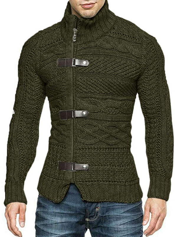 Men's Leather Button Long Sleeve Knitted Cardigan Jacket