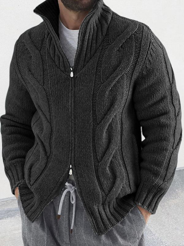 Men's turtleneck cable zipper sweater cardigan – detail view