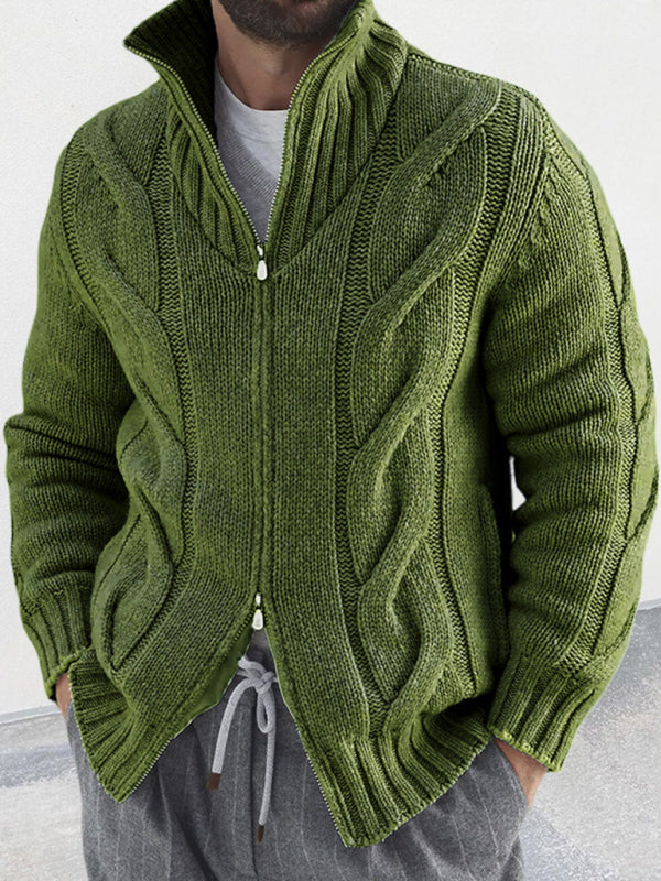Men's turtleneck cable zipper sweater cardigan – closeup view