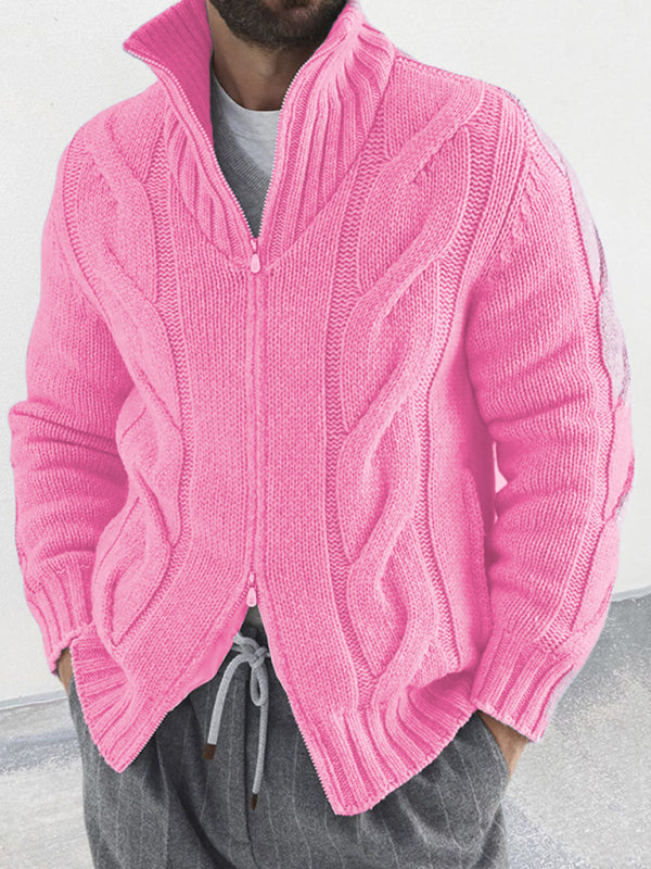 Men's Cable-Knit Turtleneck Cardigan – front view blue