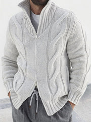 Men's Cable-Knit Turtleneck Cardigan – front view white