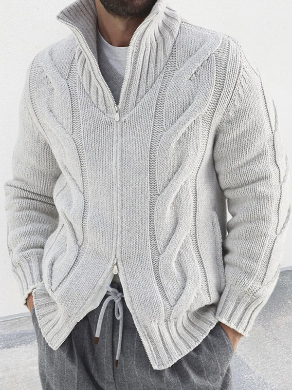 Men's Cable-Knit Turtleneck Cardigan – front view white