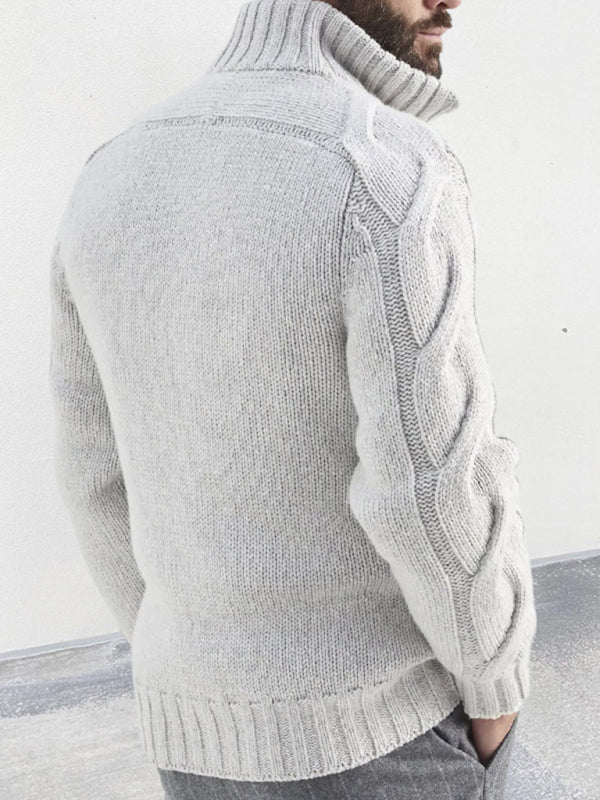 Men's Cable-Knit Turtleneck Cardigan – back view white