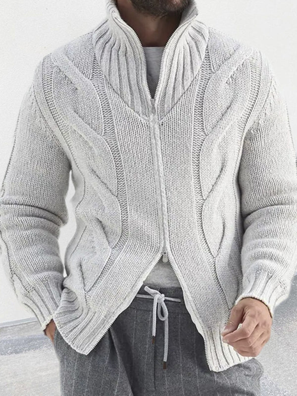 Men's Cable-Knit Turtleneck Cardigan – front view pink