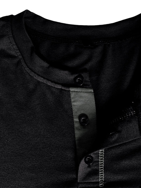 Nouveau t-shirt à manches longues en maille Henley pour homme, à blocs de couleur 