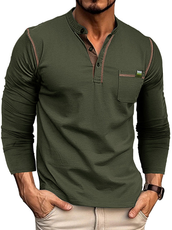 Nouveau t-shirt à manches longues en maille Henley pour homme, à blocs de couleur 