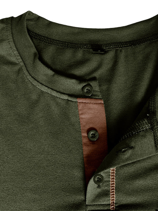 Nouveau t-shirt à manches longues en maille Henley pour homme, à blocs de couleur 