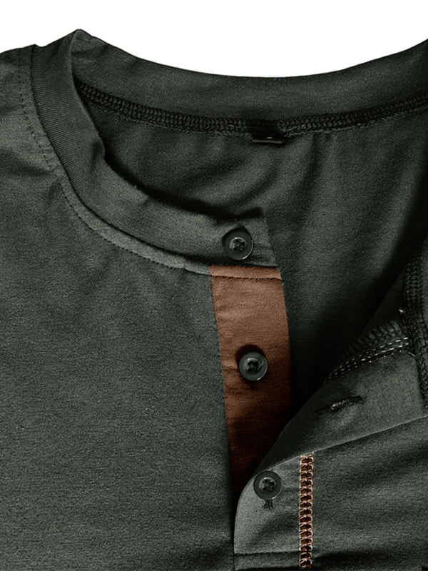 Nouveau t-shirt à manches longues en maille Henley pour homme, à blocs de couleur 