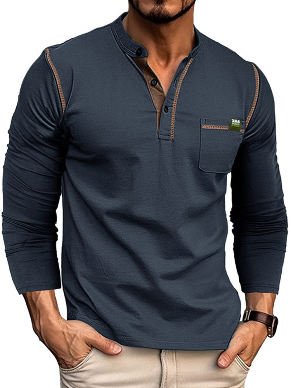 Neues Henley-Langarmshirt für Herren mit Farbblockmuster 