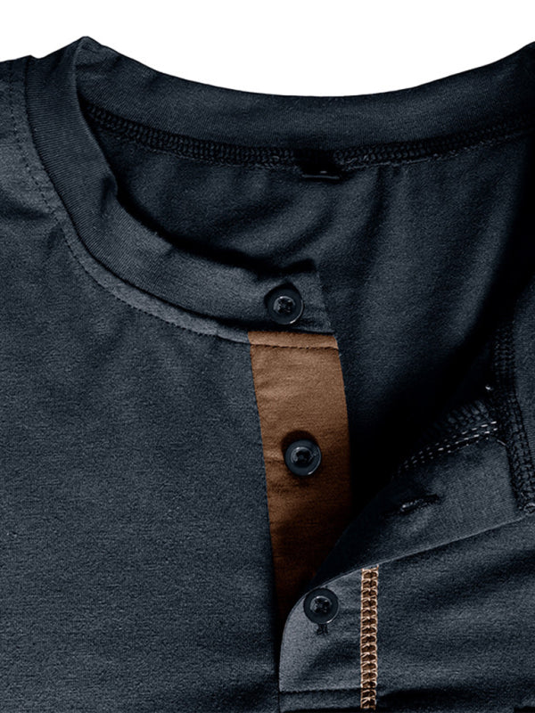 Nouveau t-shirt à manches longues en maille Henley pour homme, à blocs de couleur 