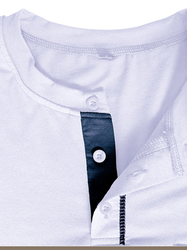 Nouveau t-shirt à manches longues en maille Henley pour homme, à blocs de couleur 