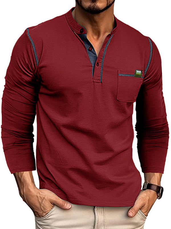 Neues Henley-Langarmshirt für Herren mit Farbblockmuster 