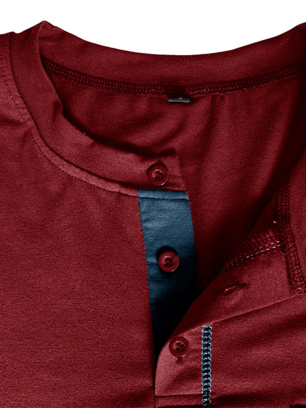 Nouveau t-shirt à manches longues en maille Henley pour homme, à blocs de couleur 