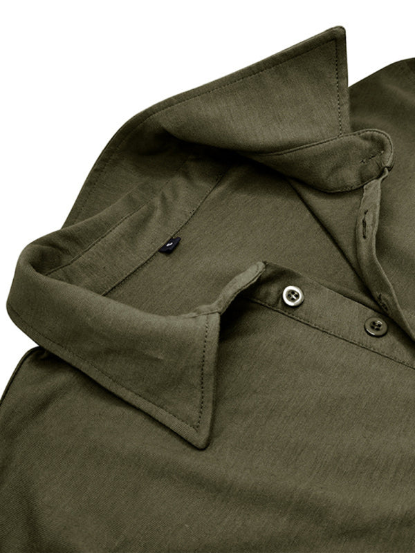 Polo à revers pour homme, couleur unie, manches longues 