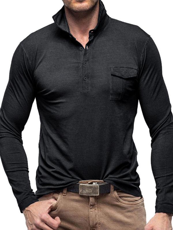 Polo à revers pour homme, couleur unie, manches longues 