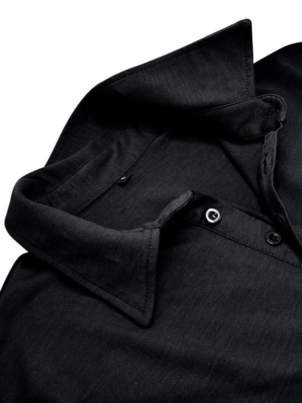 Polo à revers pour homme, couleur unie, manches longues 