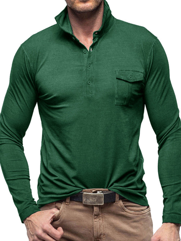Polo à revers pour homme, couleur unie, manches longues 