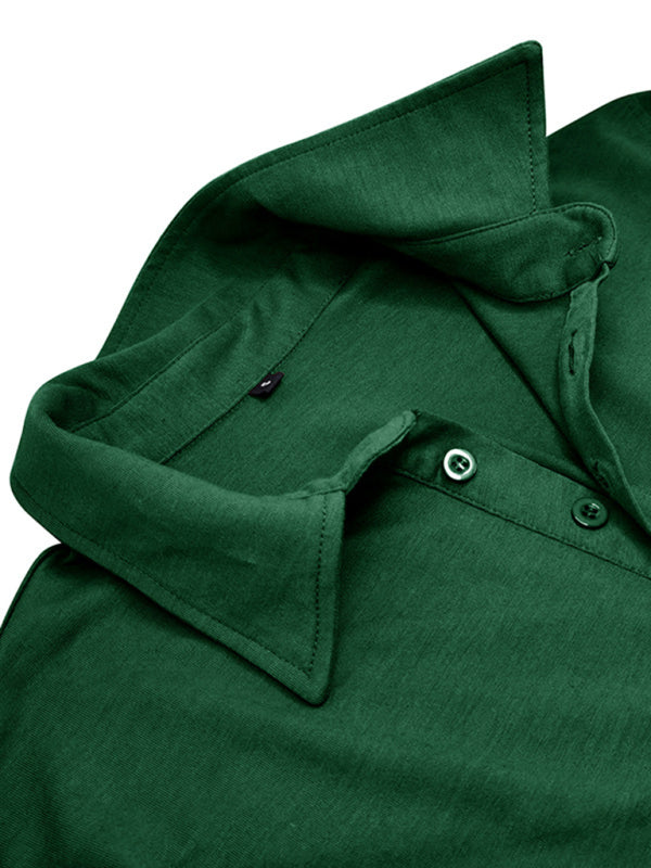 Polo à revers pour homme, couleur unie, manches longues 