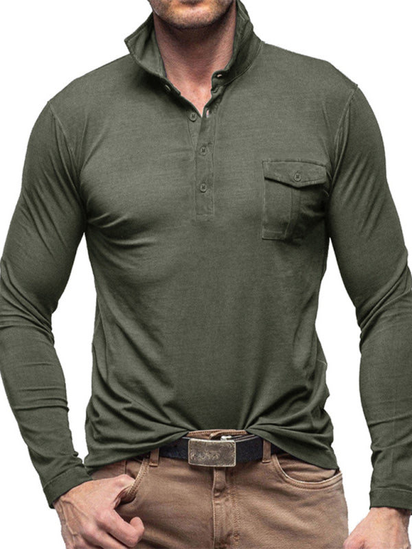 Polo à revers pour homme, couleur unie, manches longues 