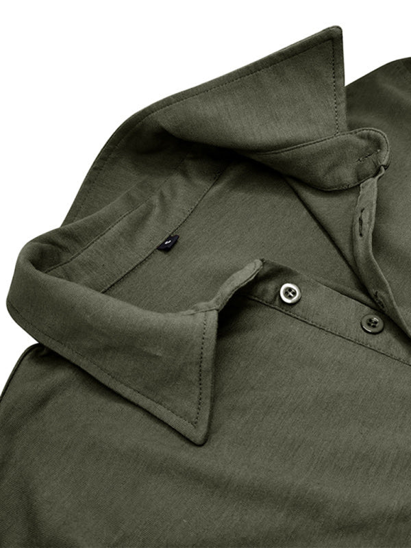 Polo à revers pour homme, couleur unie, manches longues 