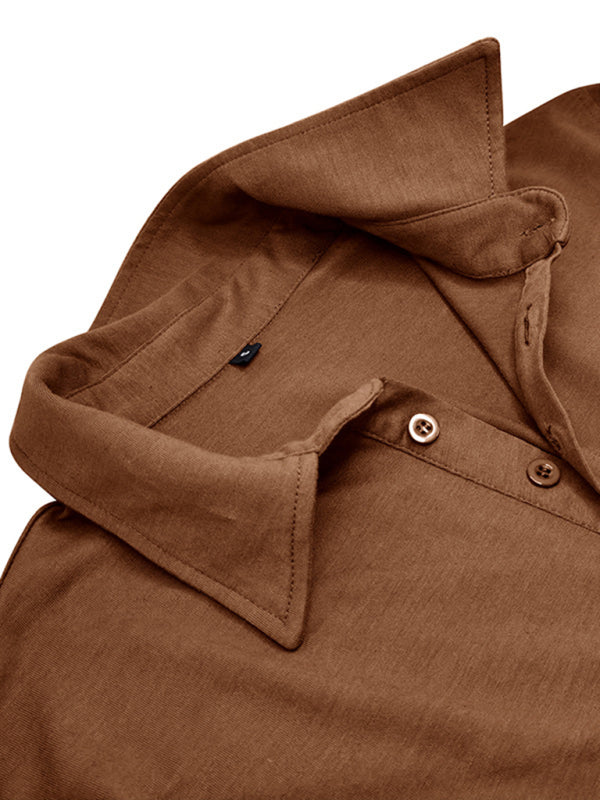 Polo à revers pour homme, couleur unie, manches longues 