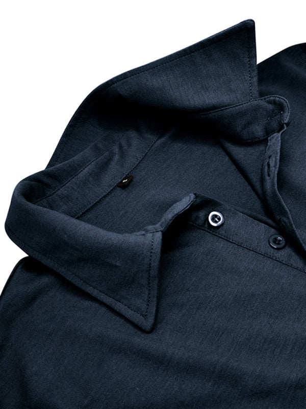 Polo à revers pour homme, couleur unie, manches longues 