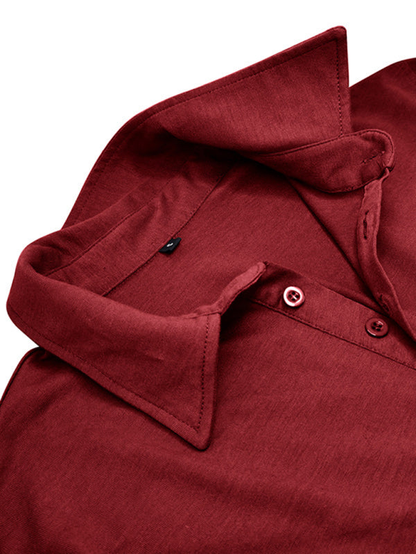 Polo à revers pour homme, couleur unie, manches longues 