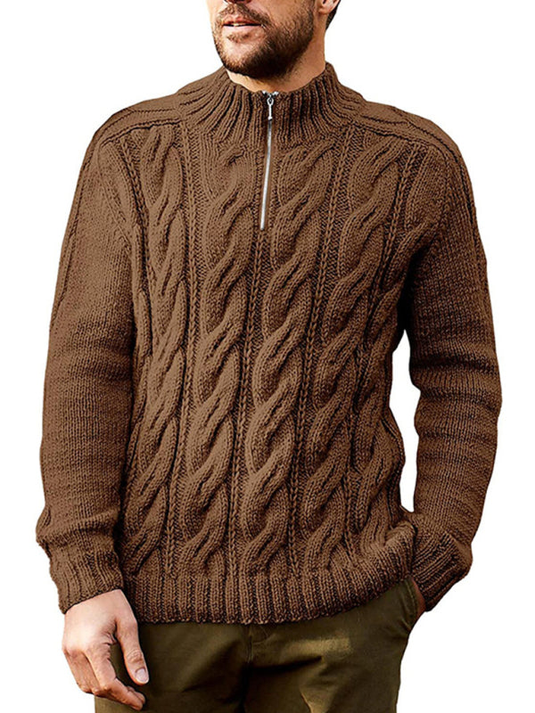 Men's Brown Half-Zip Cable Knit Sweater – front view