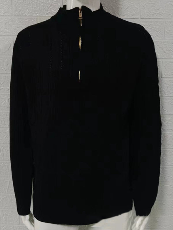 Men's new solid color zipper half turtleneck long sleeve sweater – detail view