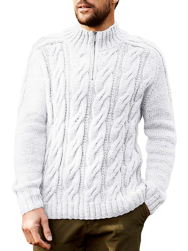 Men's new solid color zipper half turtleneck long sleeve sweater – closeup view