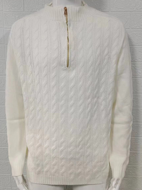 Men's new solid color zipper half turtleneck long sleeve sweater – detail view