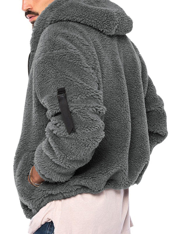 Men's double-sided arctic velvet hooded solid color warm zipper jacket – detail view