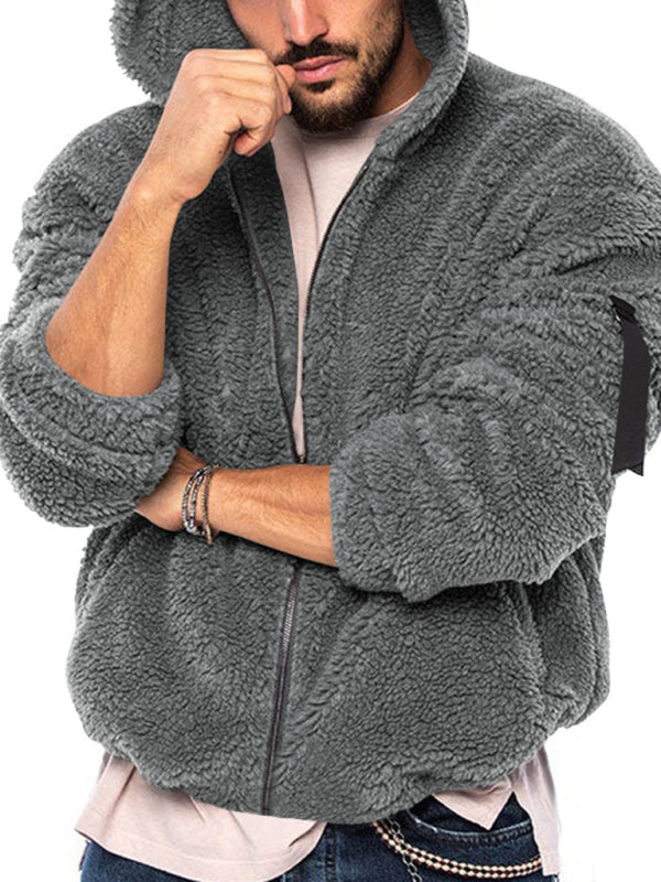 Men's double-sided arctic velvet hooded solid color warm zipper jacket – closeup view