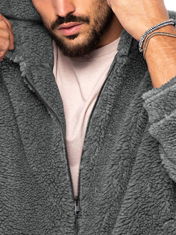Men's double-sided arctic velvet hooded solid color warm zipper jacket – lifestyle view
