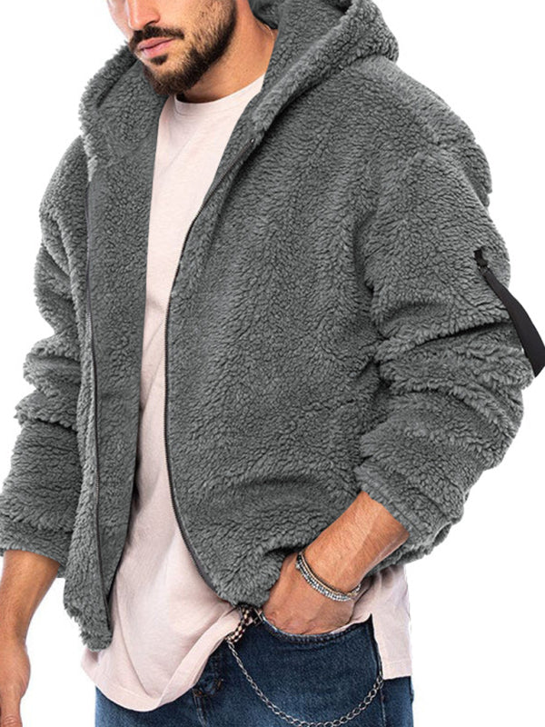 Men's double-sided arctic velvet hooded solid color warm zipper jacket – detail view