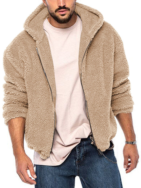 Men's hooded arctic velvet jacket in beige – front view