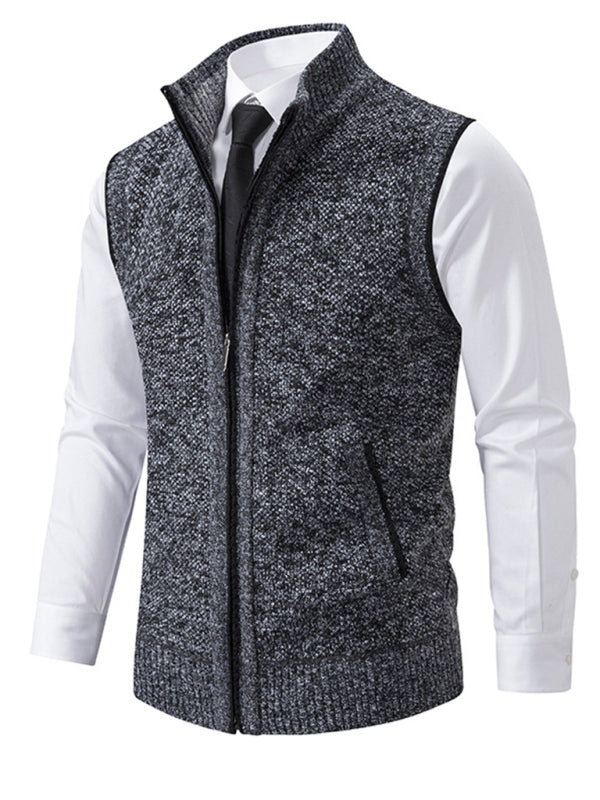 Men's stand collar sleeveless knitted casual thickened lining vest jacket – closeup view