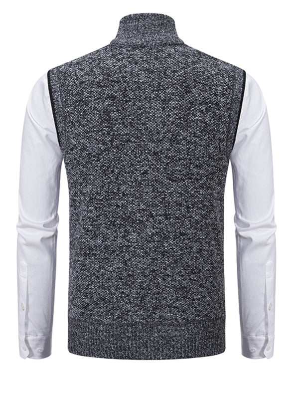Men's stand collar sleeveless knitted casual thickened lining vest jacket – detail view