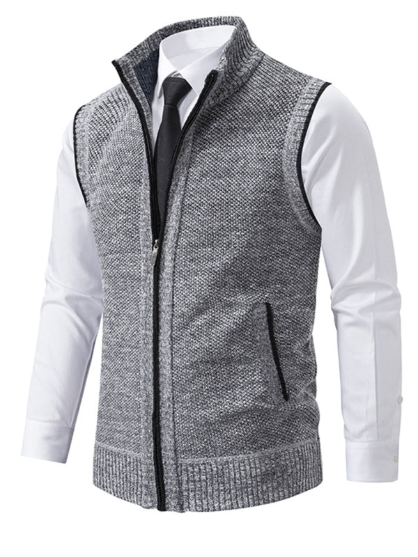 Men's stand collar sleeveless knitted casual thickened lining vest jacket – lifestyle view