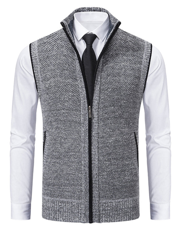 Men's stand collar sleeveless knitted casual thickened lining vest jacket – detail view