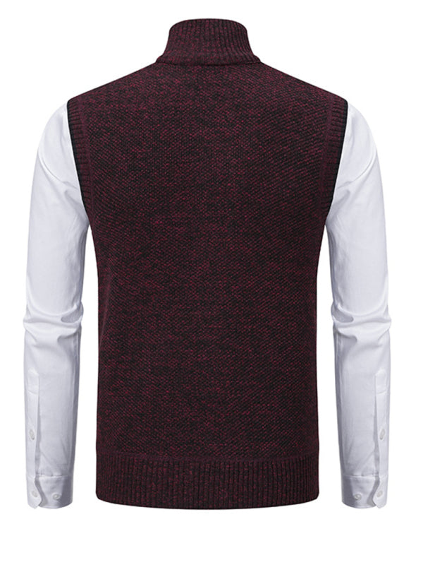Men's Stand Collar Knitted Vest Jacket – wine red back view